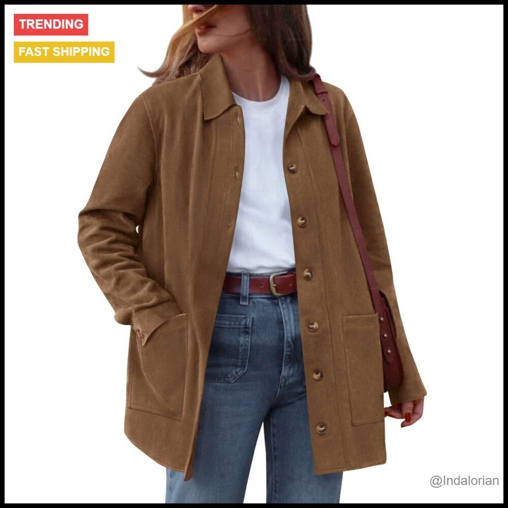 Faux Suede Jacket Women Long Sleeve Button Down Relaxed Fit Winter Outerwear
